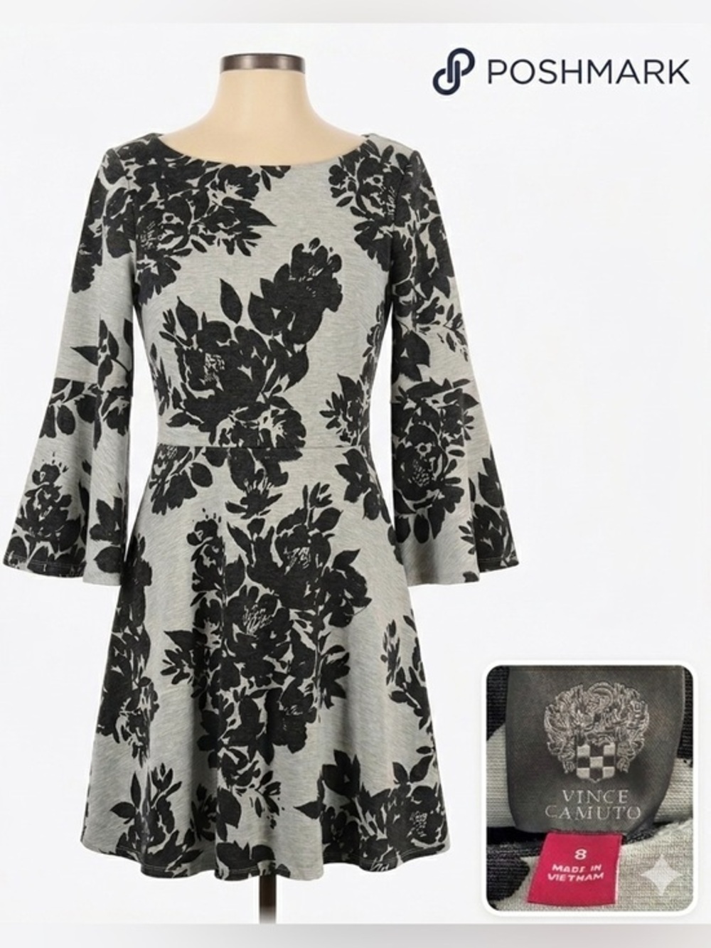 Vince Camuto Floral Fit & Flare Dress Bell Sleeves 8